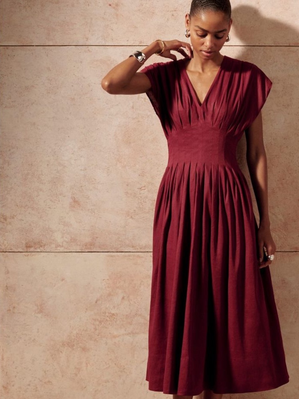 Madewell NWT Burgundy Linen Blend Pleated V-Neck Midi Dress Size 00